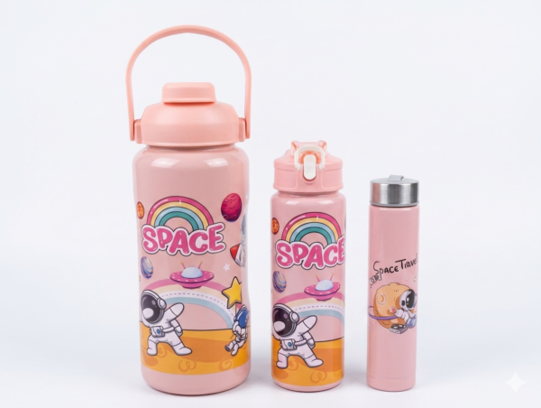3-Piece Space Theme Plastic Water Bottle Set for Kids | Leakproof BPA-Free Reusable Water Bottles | School, Travel & Sports